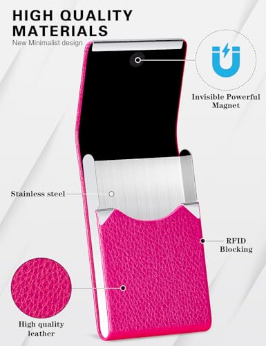 Image of Padike PU Leather Business Card Holder for Women Professional Business Name Card Holder Stainless Steel Business Card Case with Magnetic Shut (Rose red)