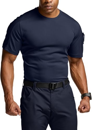 CQR Men's Short Sleeve Military Tactical T-Shirt, Athletic Gym Training Army Shirts, Outdoor Hiking Workout Shirt, Frost Pro Crewneck Police Navy, Large