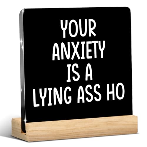 Funny Office Decor Motivational Desk Decor Your Anxiety Is A Lying Ho Sign White Elephant Gift for Women Men Coworker Home Office Tabletop Shelf Acrylic Decor