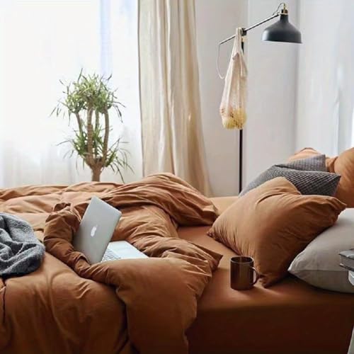 Image of Solid Duvet Cover Set Jersey Cotton,King(104 inchx90 inch),Pumpkin /Terracotta