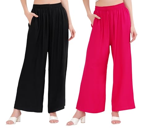 Image of Buy That Trendz Palazzo Pants for Women Cotton Rayon Elasticated Flared Wide Leg Regular Fit M to 6XL Pack of 2