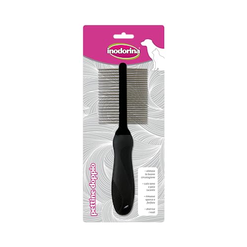 Inodorina Pettine doppio per cani – Denti larghi e stretti per rimuovere nodi e pelo in eccesso – Ideale per lucidare e sciogliere i nodi in modo sicuro e indolore