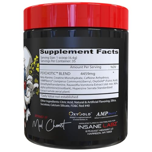 Image of Insane Labz Psychotic, High Stimulant Pre Workout Powder, Extreme Lasting Energy, Focus and Endurance with Beta Alanine, Creatine Monohydrate, DMAE, 35 Srvgs, Strawberry Lemonade
