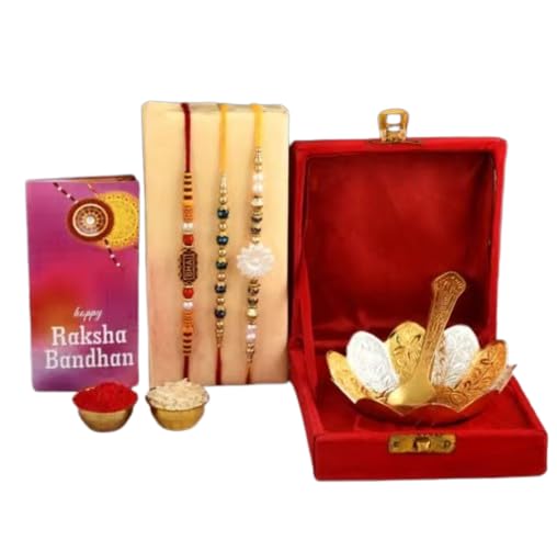 Raksha Bandhan Gift Set with 3 Rakhis and Metal Lotus Bowl-image-48