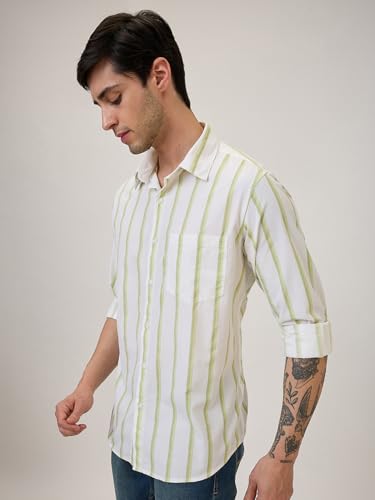 Image of Spykar Men Slim Fit Green Striped Casual Shirt (Size: 3XL)-MSHST1BE246-Lint Green