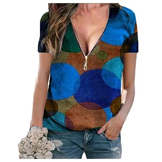 SLYZ Europeiska och amerikanska damer sommarmode polkaprickigt tryck pullover dragkedja v-ringad kortärmad t-shirt blus, 003, S