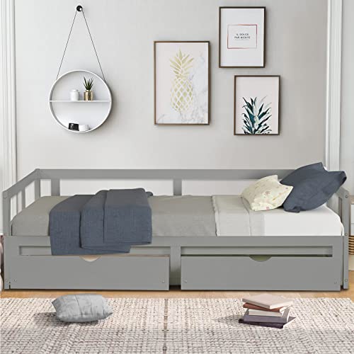 May in Color Extendable Twin to King Daybed, Wood Beds Frames with Pull Out Trundle&Storage Drawers, Sofa Day Bed Frame Twin Size Bed No Box Spring Needed for Children, Girls, Boys (Grey)
