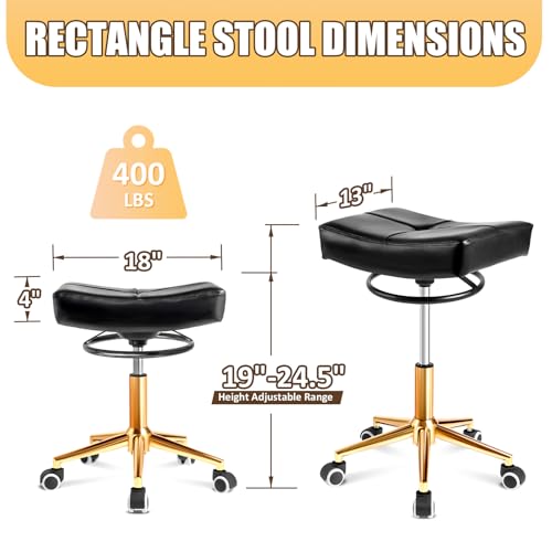Image of Rolling Stool Wider Rectangular Cushion - 4 Inch Thicker Comfortable Seat, Heavy Duty 400LBS, 360 Pull Ring Adjustable Height, 19''-24.5''adjustable Stool with Wheels for Tattoo Salon Massage (Black)