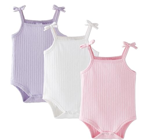 OPAWO Sleeveless Onsies for Baby Girl Tank Top Onsies 3 Pack Ribbed Newborn Bodysuit Girl Summer Clothes Undershirts 0-24M(Pink Purple White 3-6Months)
