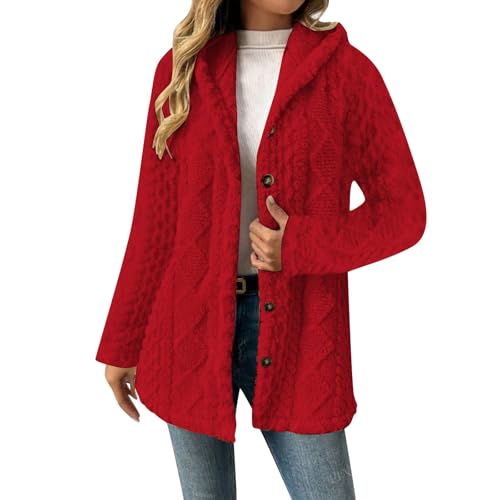 Chaqueta de forro polar jacquard para mujer, chaqueta de invierno con capucha térmica de talla grande, abrigo de invierno cálido y grueso, chaqueta casual para exteriores, cortavientos, 1 rojo., M