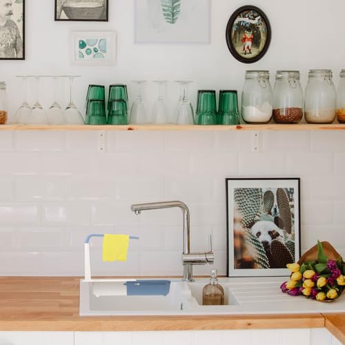 EXQUIMEUBLE 伸縮式キッチンスポンジホルダー スリムデザイン製水切りラック 隙間収納可能 キッチンシンクオーガナイザー 省スペースで実用的