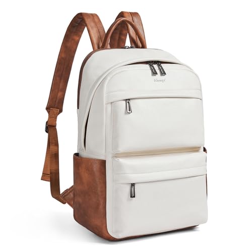 tiamyi Vegan Leather Backpack for Women and Men, Fits 16.0 Inch Laptop, Multi-Pocket Design with Water Bottle and Luggage Strap, Ideal for Work, Travel, and Daily Use, Beige