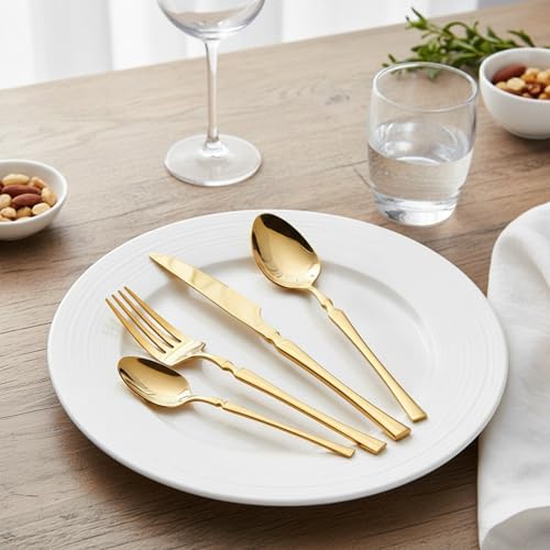 Image of 24 Pcs Gold Slim Handle Stainless Steel Cutlery Set for Dining Table with Spoons and Forks Set + Butterknives - The Perfect Tableware /Flatware