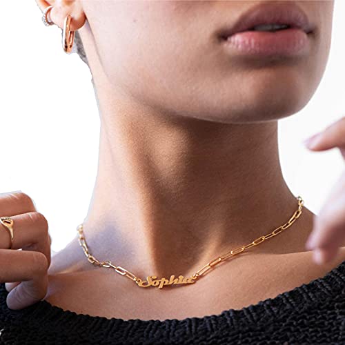 Custom Name Necklace for Women, 925 Sterling Silver Personalized Necklace with Name Customized Nameplate Pendant with Paperclip Chain Mother Jewelry Gift