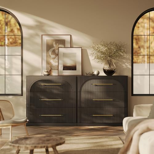 Image of BELLEZE Set of 2 Fluted Modular Sideboard Cabinet, 65'' Classic Modern Buffet Cabinet with 3 Drawers, Accent Credenza Cabinet for Living Room Kitchen Entryway (Ebony)