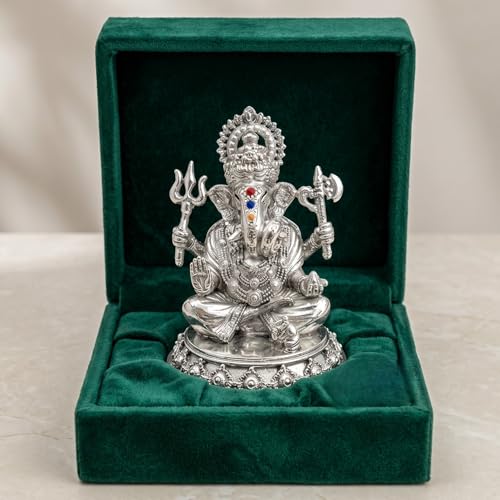 Image of Silver Plated Ganesh Idol 3 Inch with Gift Box | Ganpati Murti for Home Decor, Puja Room, Office Desk & Car Dashboard | Spiritual Housewarming Gift Showpiece