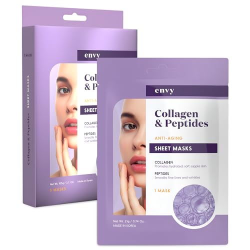 Envy Collagen & Peptides Sheet Face Mask - Hydrating, Anti-Aging & Reduces Acne Scars & Wrinkles - Dermatologist Tested, Clean Beauty Korean Skin Care for All Skin Types - 5 Masks