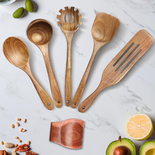 13 Piezas Utensilios de Cocina Madera Set de Utensilios de Cocina Menaje de Cocina de Teca Cucharas y Espátulas de Madera para Cocinar con soporte,reposacucharas y ganchos - imagen 4