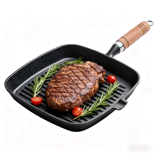 Tissting Grill con Rayas Cuadrado 8.7 pulgadas, Sartén Parrilla, Sartén Antiadherente, Sarténs de Hierro Fundido con Boquilla de Vertido, Sarténs Cuadrada Calentamiento Uniforme para Estufas Inducción