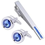 Jonwo Round Diamond Cutting Crystal Men Cufflinks and Tie Clip Set Regular Necktie Tie Pin Cuff Links for Wedding Business Shirt Tie (Blue Crystal Tie Clip Cufflinks Set)