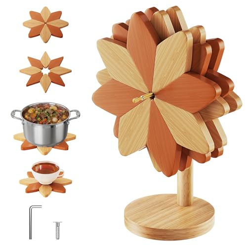 ZHMUZ Dessous de Plat Isolé en Bois et Bambou,Marron/Beige, Résistant pour Plats Chauds, Double Fonction Décoratif et Pratique, 15cm de Diamètre，pour...