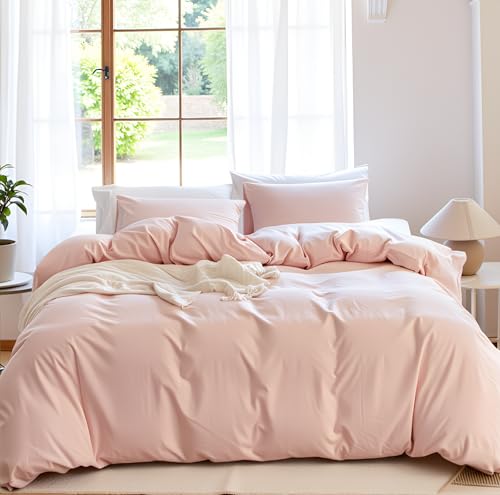 NUMWELL Linen Duvet Cover Set Twin Size, 2 Pieces Linen Cotton Blend Extra Soft Bedding Set, Cooling and Breathable Bedding Cover with 1 Pillowcase for Hot Sleepers, Pale Pink
