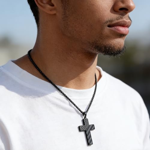 RINHOO 2cps American Flag Cross Necklace for Men Inspirational Bible Verse Cross Pendant Stainless Steel Religious Christian Necklace (Silver+Black-Do not) - image 4