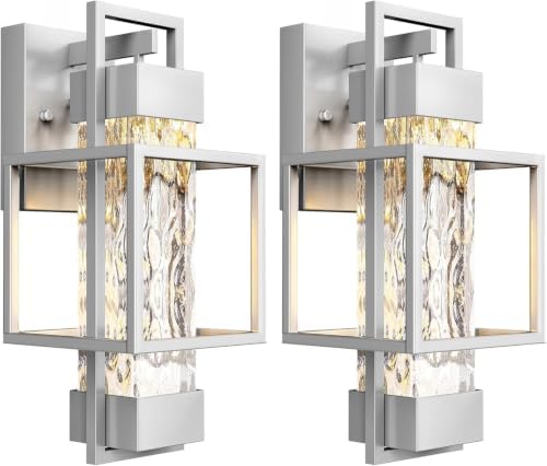 PARTPHONER Silver Modern Outdoor Light Fixtures Dusk to Dawn Outdoor Lighting 2 Pack, 15" Exterior Wall Sconce Waterproof Outside Porch Light for House with Water Glass for Garage Doorway