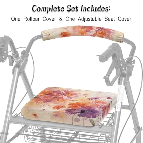 Image of Watercolor Floral Walkers Seat Covers Universal Rollator Accessories Covers Soft Rollator Walker Seat and Backrest Covers for Ladies