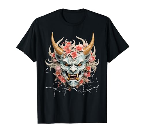 Máscara de miedo Yokai Oni con flores rojas guerrero anime japonés Camiseta