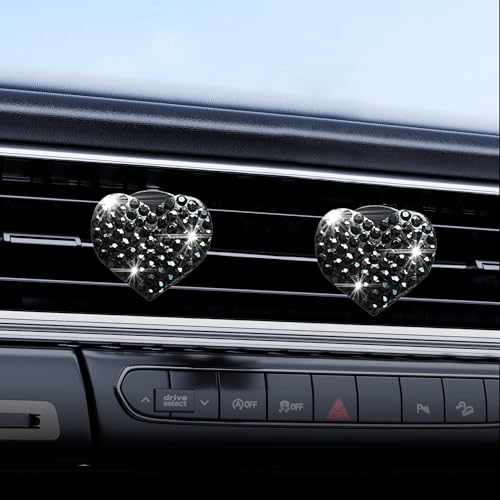 Image of Car Bling Air Vent Clips, 2 Pcs Bling Heart Charm Air Conditioning Outlet Clip, Crystal Rhinestone Accessories, Car Interior Decoration Cute Accessories for Women Girls (Black, Vanilla)