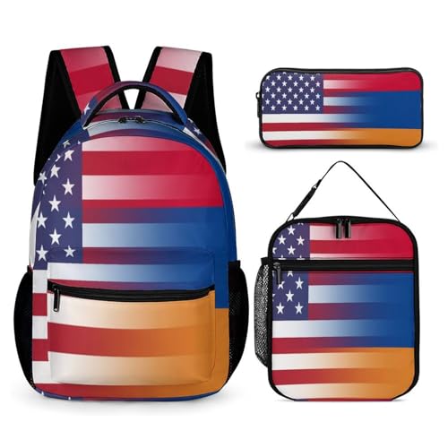 U.S.A. Armenia Flag Funny Backpack Set Lunch Bag Pencil Case Makeup Bag 3 in 1 for Men Women Travel