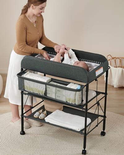 Portable Changing Table, Foldable Baby Changing Table, Changing Station for Infant w/Waterproof Diaper Changing Table Pad, Adjustable Height Diaper Station, Mobile Nursery Organizer for Newborn