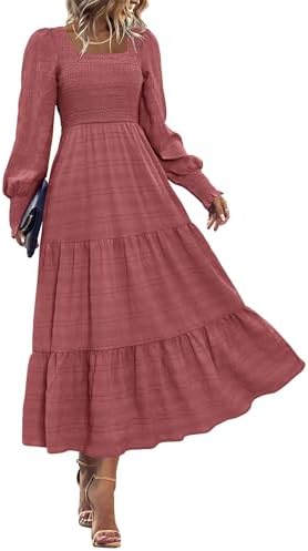 KIRUNDO Fall Dresses for Women Wedding Guest Maxi Long Sleeve Winter Smocked High Waist Flowy Holiday Party Cocktail Dress