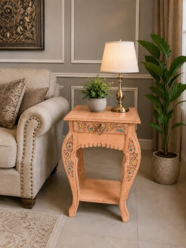 Image of Multipurpose Table Outdoor Indoor Stool Flower Vase Stool with One Drawer Material Mango Wood Size 30.5CM x 30.5CM x 53.3CM (Lite Orange Antique)