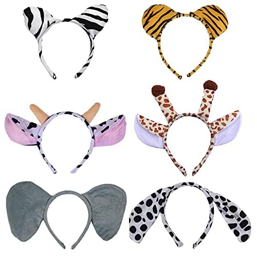 CwQisjk 6-Pack Cute Animal Ear Headbands，Party Headwear， Safari Birthday Decorations, Animal Hat Themed Parties for Kids and Adults