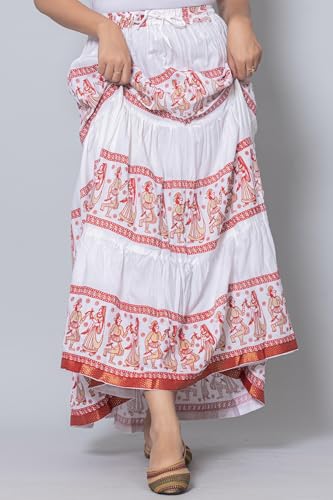 Image of Women's Cotton Printed Long Skirt | Ethnic Folk Print Tiered Maxi Skirt for Women | Elastic Waist Flared Boho Skirt | Traditional Casual for Women