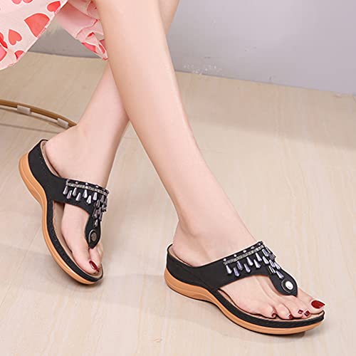 Tscoyuki Women's Beaded Rhinestones Wedge Flip Flops Sandals, Orthotic Arch Support Slip-On Thong Sandals Slippers3