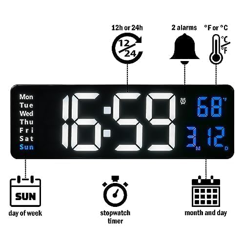 Image of 15-Inch Digital Wall Clock with Large LED Display - Remote Control, Auto-Dimming, Night Light, Date, Day, Temperature, DST Function - Ideal for Living Room, Bedroom (White & Blue)