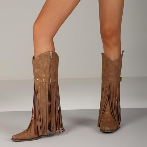 Image of Cowgirl Boots for Women Retro Pointed Toe Pull On Block Chunky Heel Embroide Tassel Country Concert Outfits Mid Calf Western Fringe Cowboy Boots