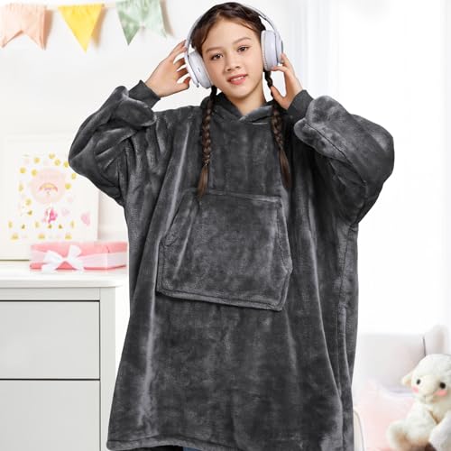 Image of Waitu Wearable Blanket for Kids, Cozy Wearable Blanket Hoodie for Teens Girls and Boys, Warm Hoodie Blanket Sweatshirt Gift for Teenage, Gray