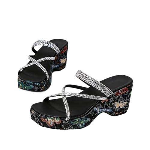 Sandales compensées strass femme coupe large | Mules orthopédiques
