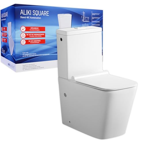 sanicomfort Stand-WC Kombination Aliki Square spülrandlos, inkl. WC-Sitz und Spülkasten mit waagerechtem Abgang
