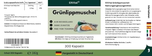 Grünlippmuschel 300 Kapseln- hoch konzentriert von EXVital, 300 Kapseln in Deutscher Premiumqualität, kein Magnesiumstearat, ApoTest: Sehr Gut