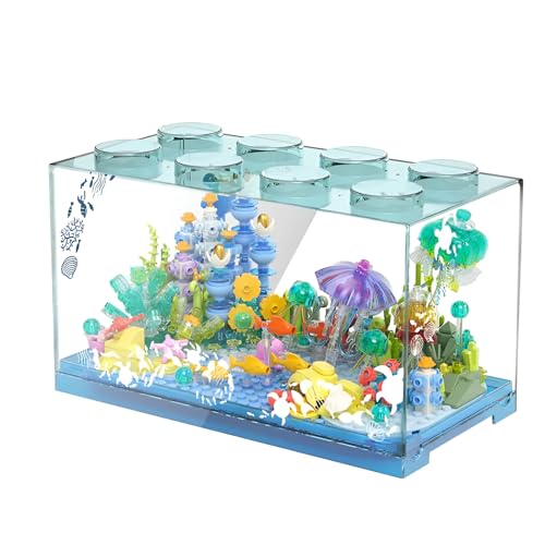 Aquarium Bausteine Bausatz, Unterwasser Klemmbausteine für Kinder ab 8 Jahren, einschließlich Korallenriffe, Quallen, Hummer, Oktopus und durchsichtige, Blockförmige Aquarienschale, 589 Teile