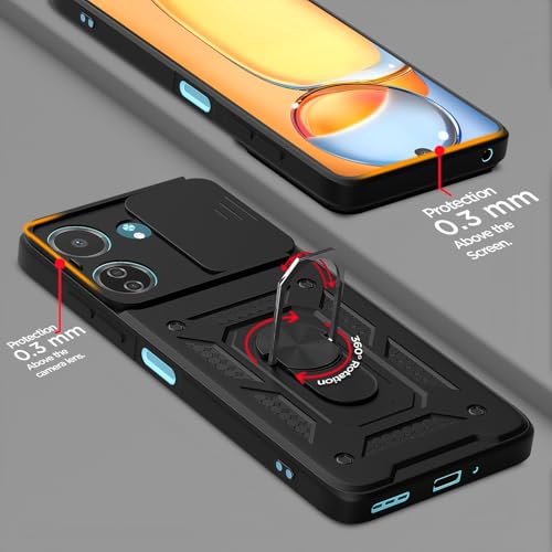 Image of Outlouders Back Cover for Redmi 13C 4G / Poco C65 | D10 Tough Armor 360 Protection Case with Sliding Camera Shield & Ring Holder Stand Bumper Case (Black)