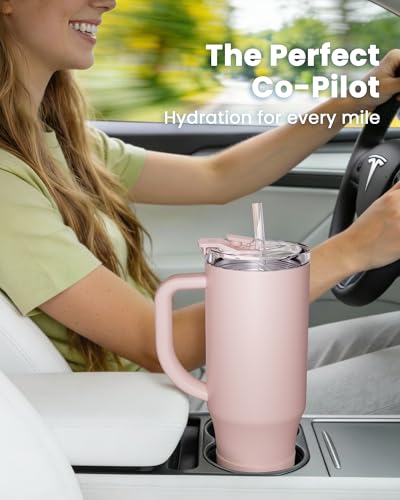 Image of Renoj Insulated Mug 100% Leak Proof Insulated Water Bottle for Iced Coffee & Hot Drinks - Fits Car Cup Holder, Ideal Gift, 2 Straws & Silicone Boot - SnapShift Light Pink 32 oz