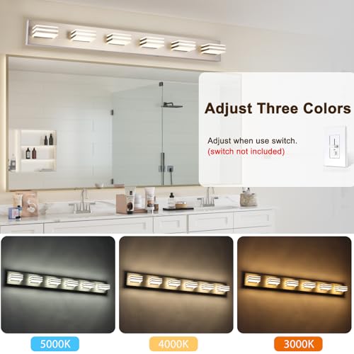 Image of LED Wall Brushed Nickel Vanity Lights for Bathroom Light Fixtures 36W Adjust 3 Colors Modern Bath Lighing Over Mirror LED Vanity Light (6-Light,41inch)