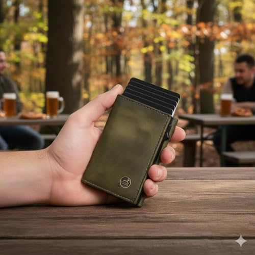 Fa.Volmer ® POP-UP etui na karty z przegródką na monety z prawdziwej skóry dla mężczyzn i kobiet | 11 kart | ochrona RFID | portfel, zielony (hunter green), Großes Münzfach