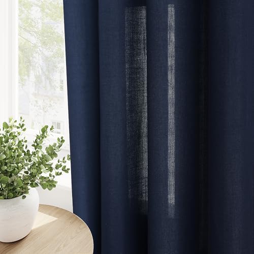 Image of Extra Long Navy Blue Linen Curtains 120 Inches Length for Living Room Grommet 2 Panels Set Dark Blue Sheer Window Curtain for Boys Bedroom,Farmhouse Boho Privacy Chinoiserie Decor Drapes 52x120